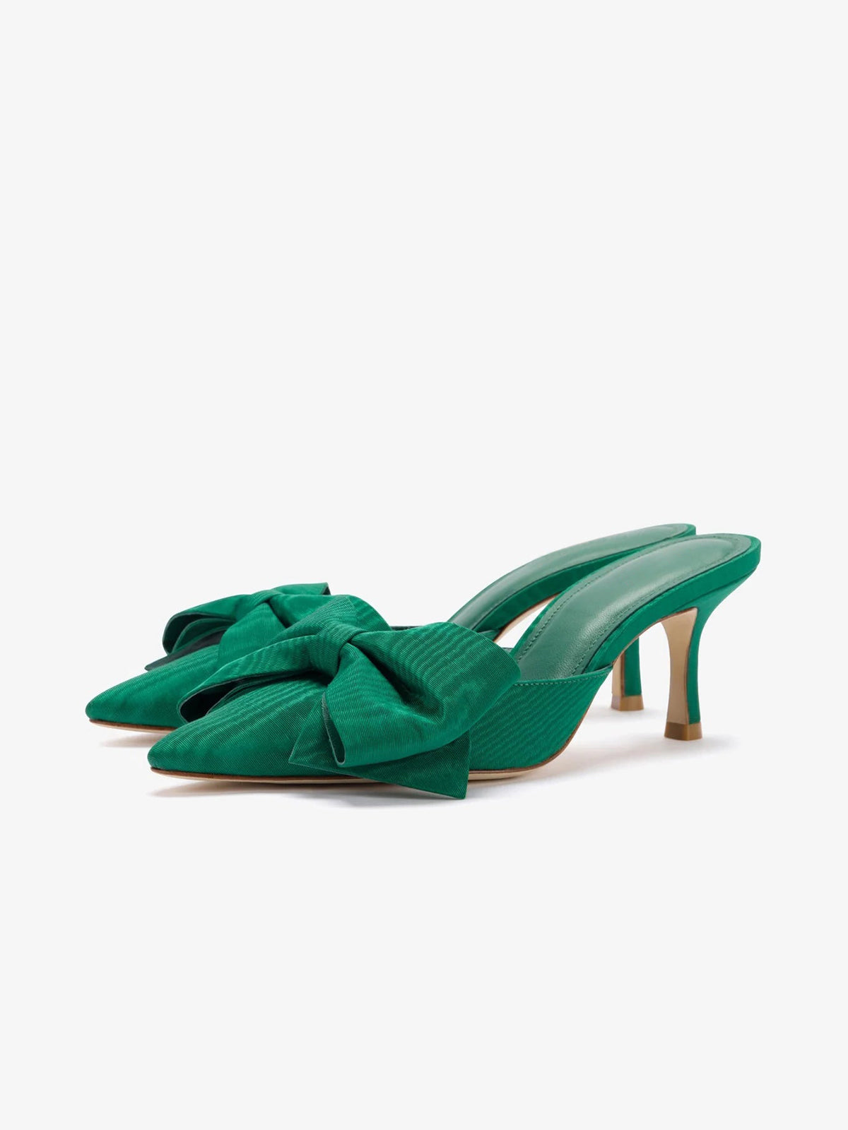Green Satin Pointed-Toe Big Front Bow High Heels