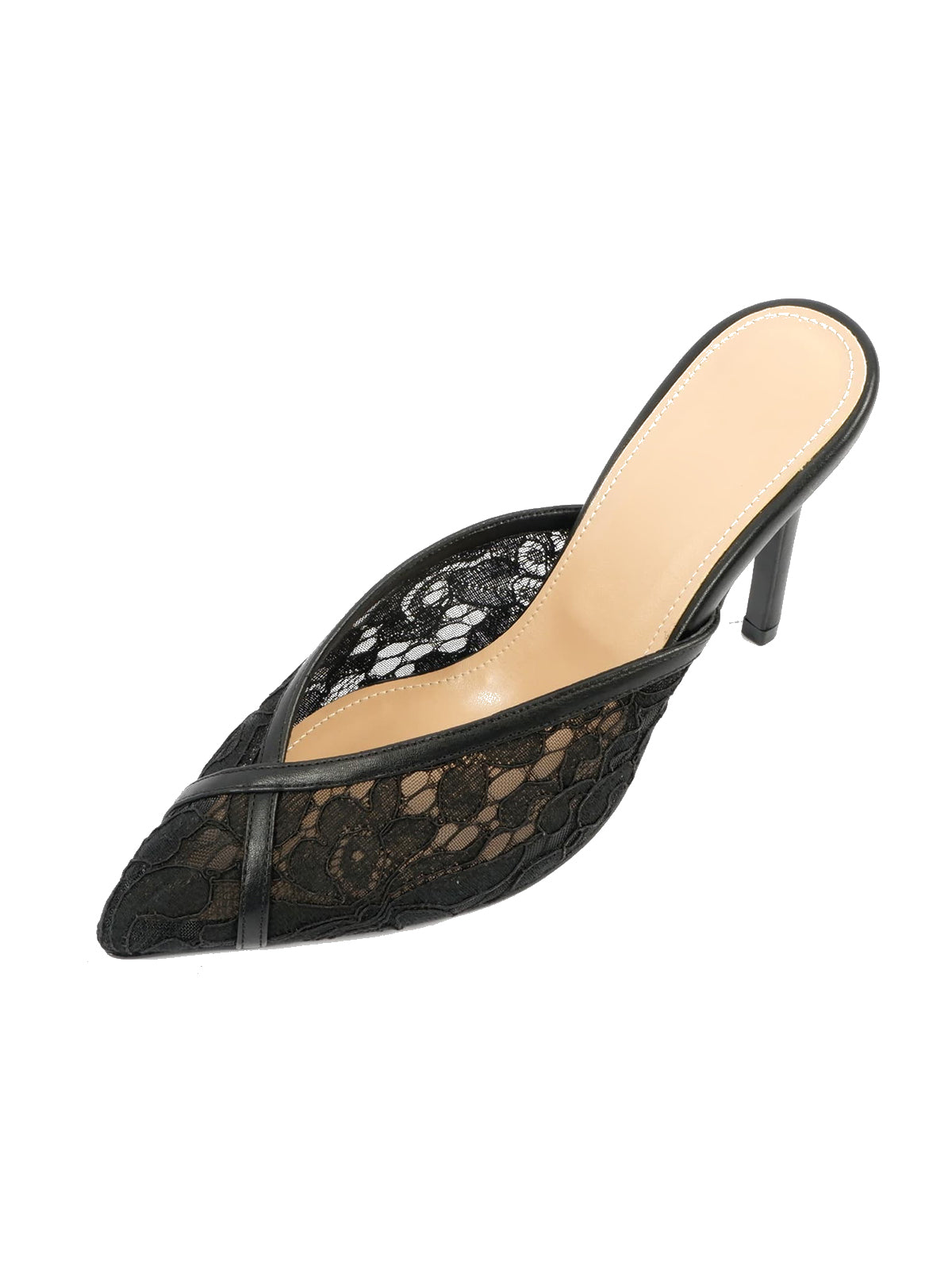 Black Lace Mesh Pointed-Toe Classic Backless Chic Pumps High Heels
