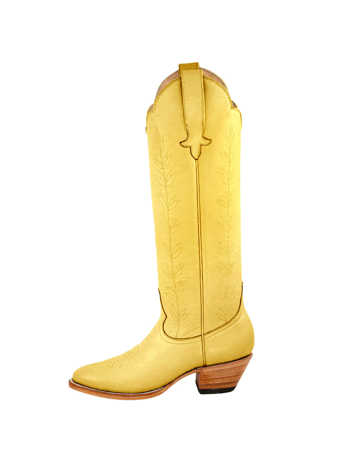 Almond-Toe Leaves Embroidery Wide Calf Knee High Cowgirl Boots - Yellow