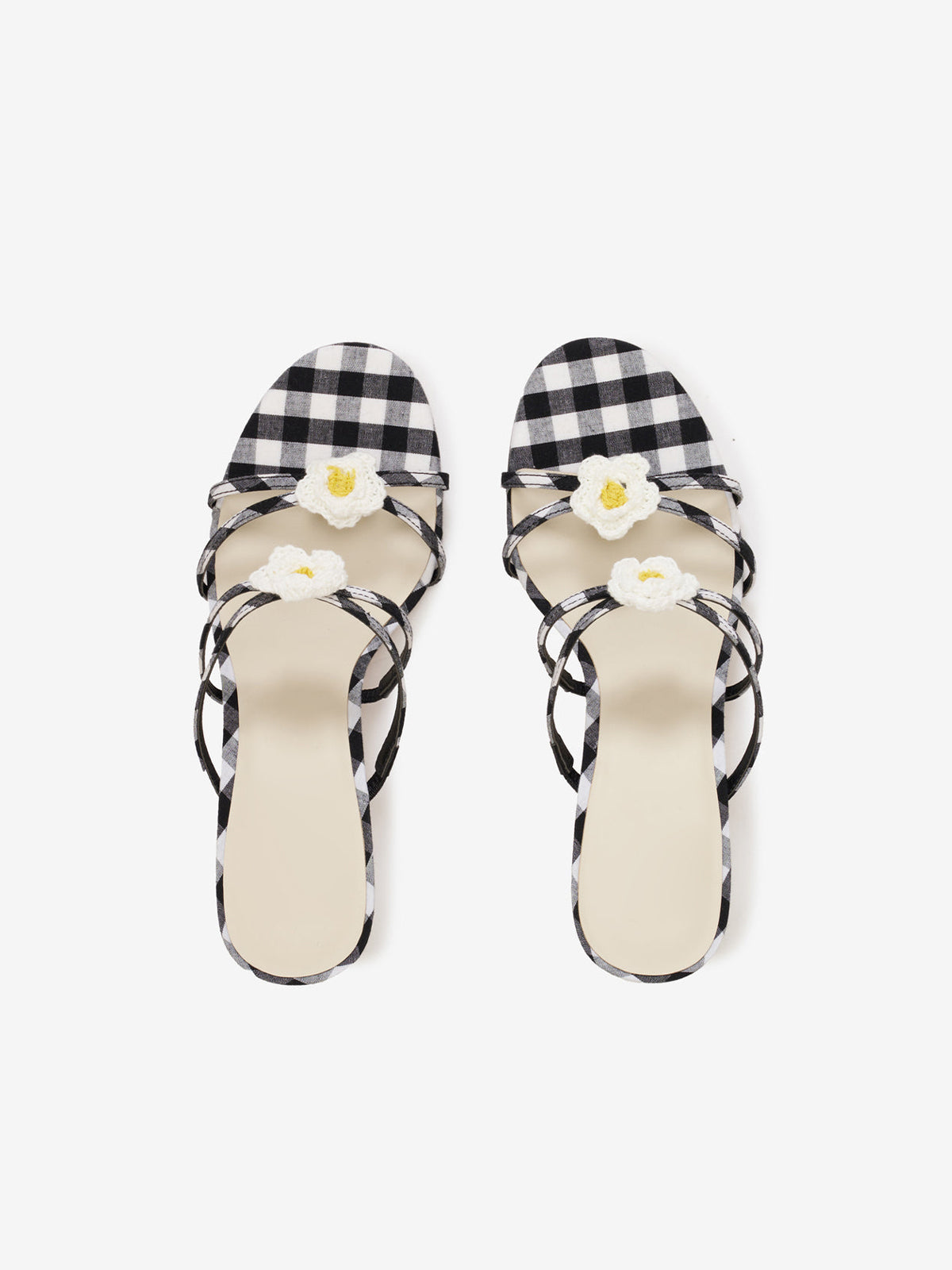 Black Gingham Round-Toe Strappy Kitten Heels With Daisy Appliques
