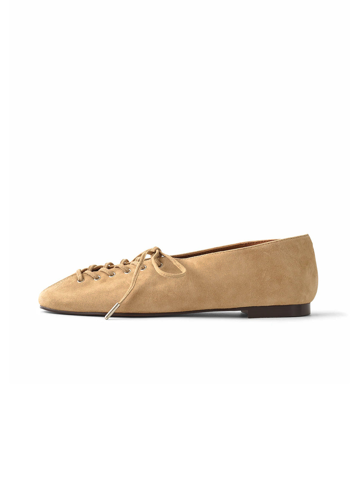 Tan Faux Suede Square-Toe Chic Lace-Up Slip-On Flats
