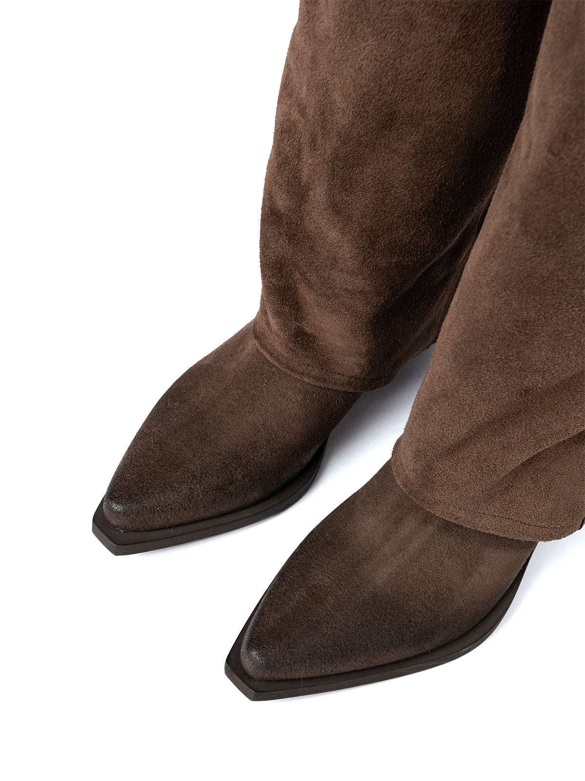 Tobacco Faux Suede Snip-Toe Side Studded Fringe Fold-Over Knee High Cowgirl Boots