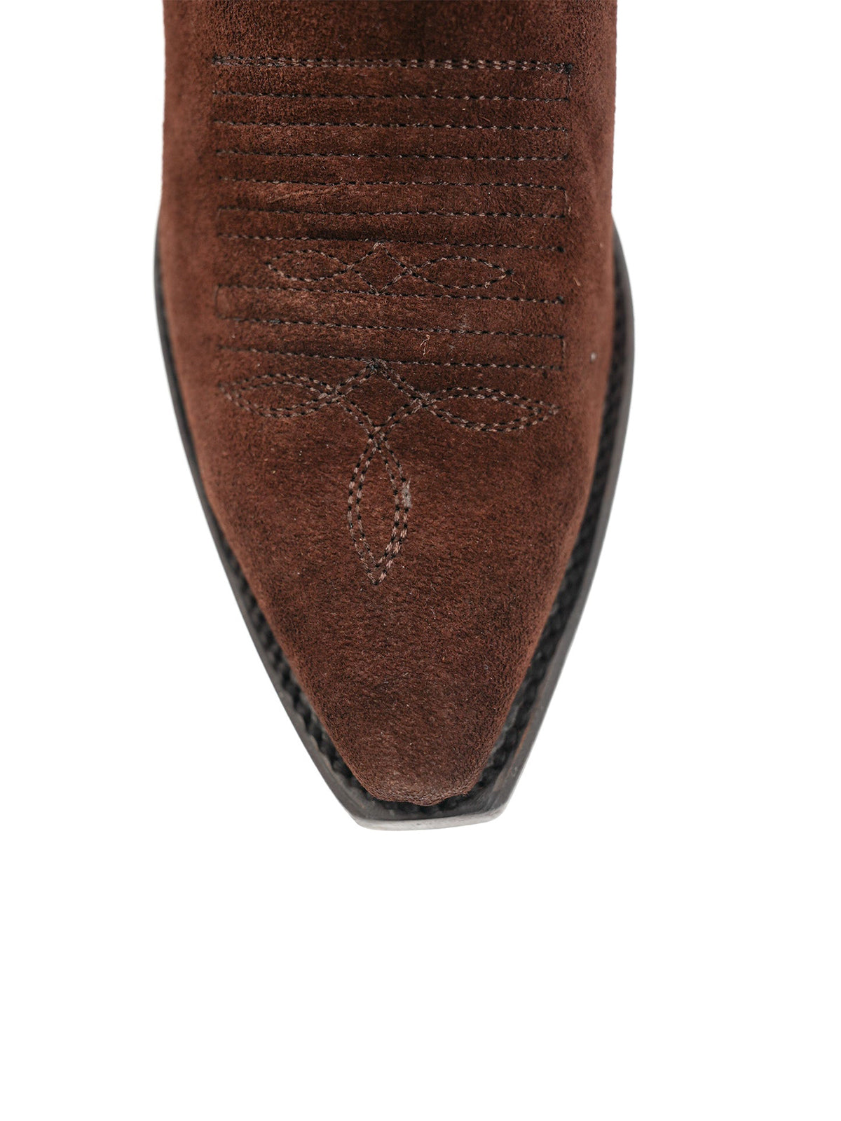 Western Snip-Toe Embroidery Mid Calf Cowgirl Boots - Brown Faux Suede