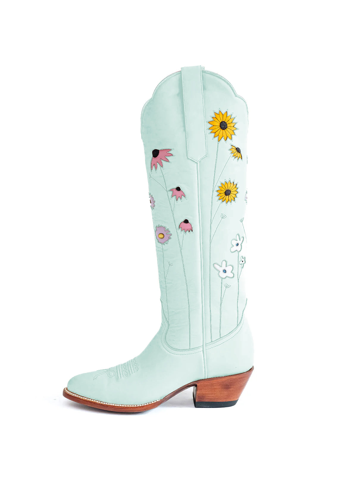 Sky Blue Almond-Toe Colorful Flowers Inlay Wide Calf Knee High Cowgirl Boots