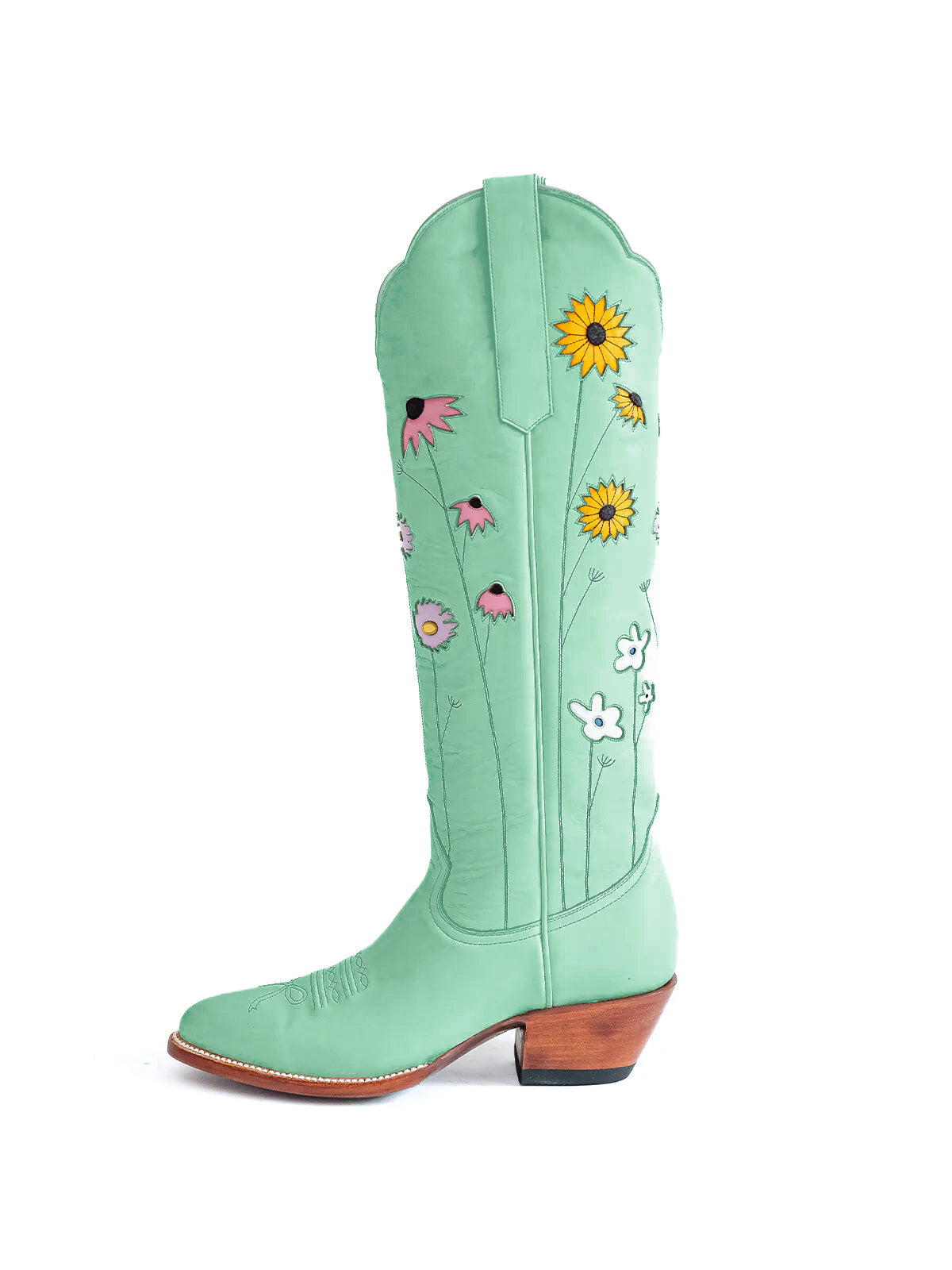Green Almond-Toe Colorful Flowers Inlay Wide Calf Knee High Cowgirl Boots