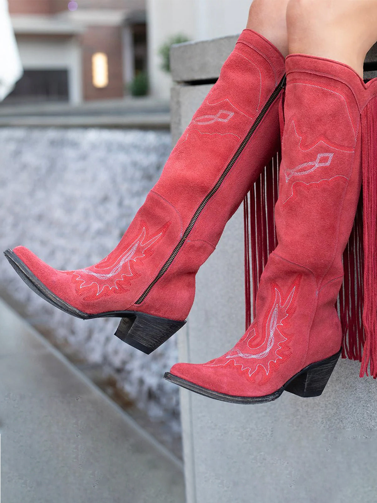 Almond-Toe Faux Suede Fringe Full-Zip Embroidery Knee High Cowgirl Boots - Red