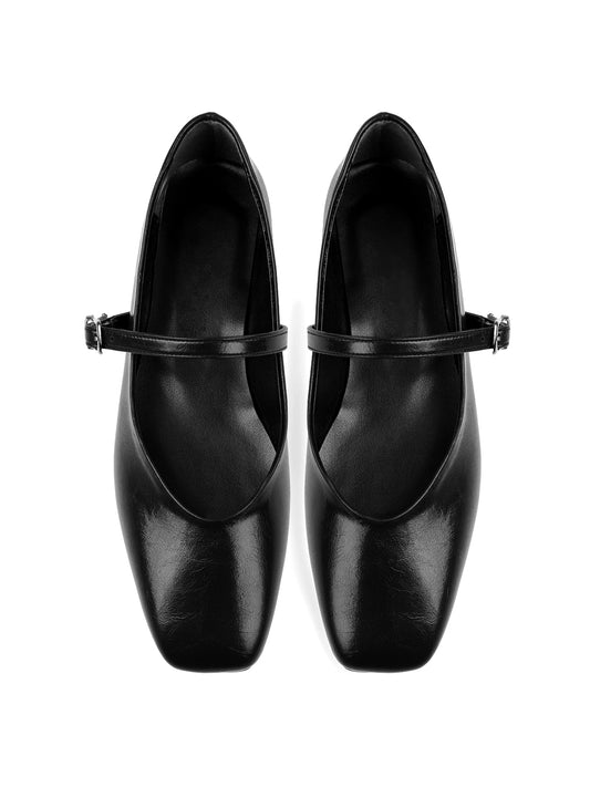 Black Square-Toe Buckle Bridge Strap Stylish Ballet Flats