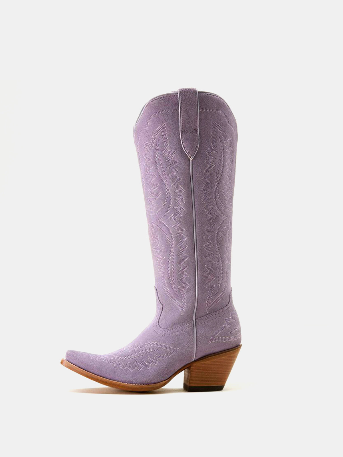 Western Embroidery Tall Snip-Toe Half-Zip Knee High Cowgirl Boots - Lavender Faux Suede