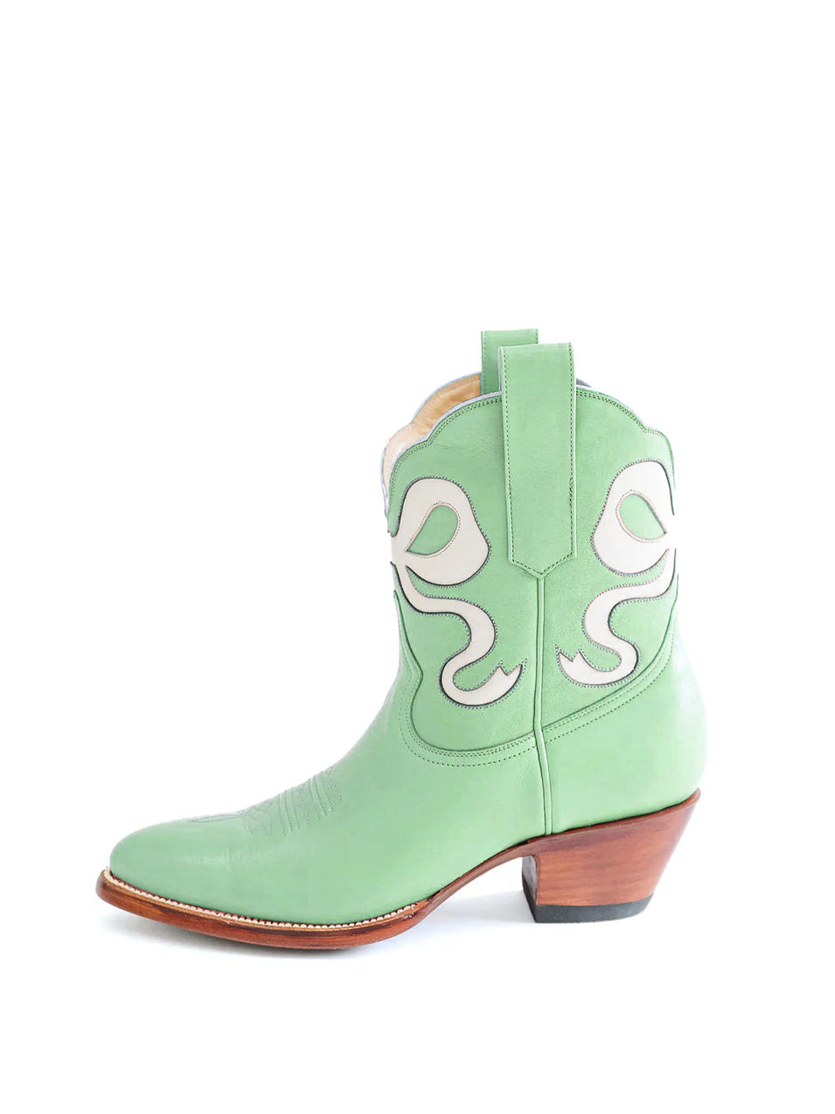 Green Almond-Toe Ankle Western Boots With White Bowknot Inlay