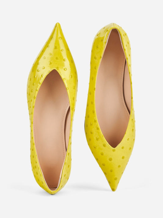 Yellow Ostrich Pattern Pointed-Toe Slip-On Ballet Flats