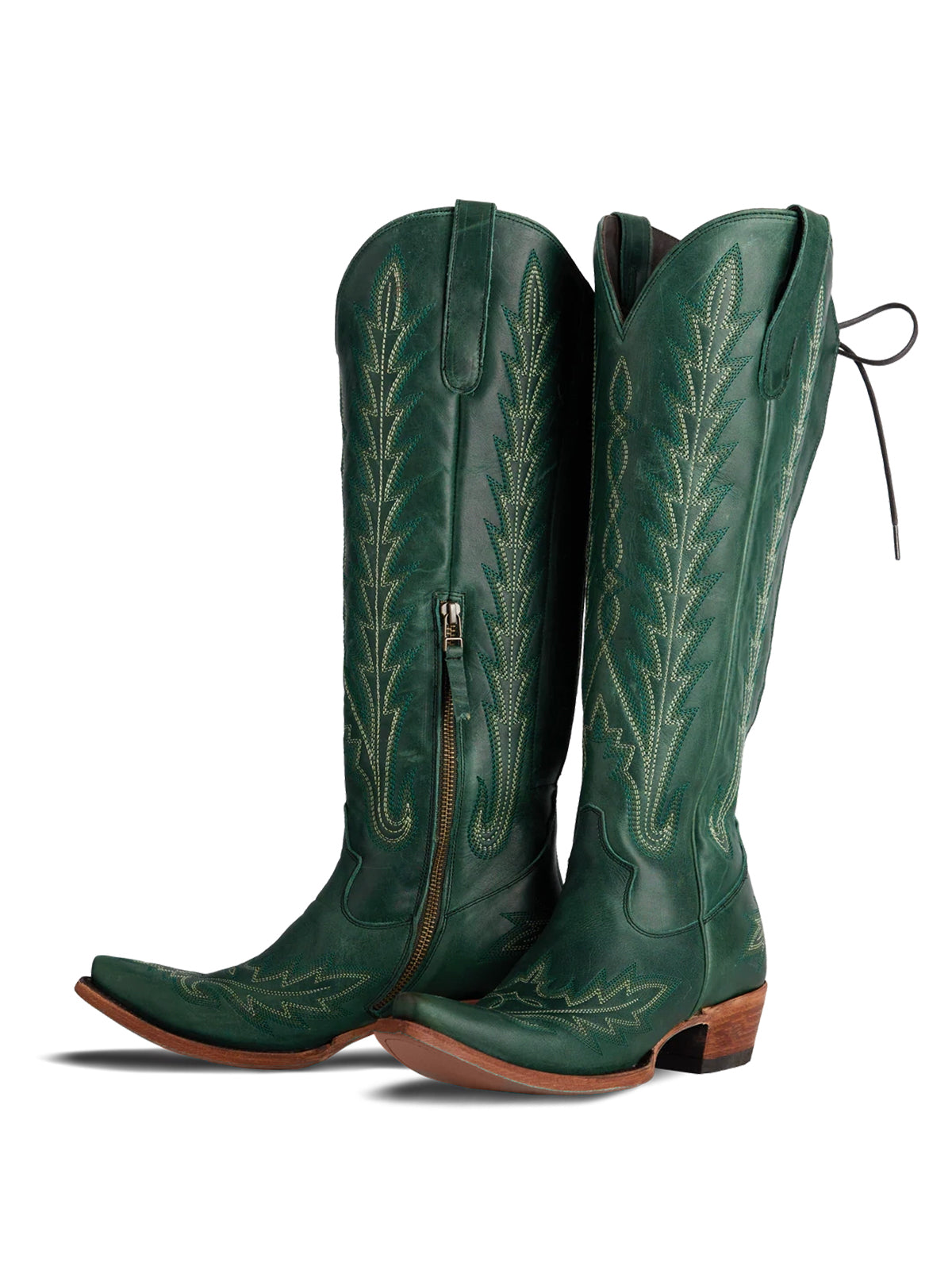Snip-Toe Embroidery Half-Zip Back Lace-Up Knee High Cowgirl Boots - Green