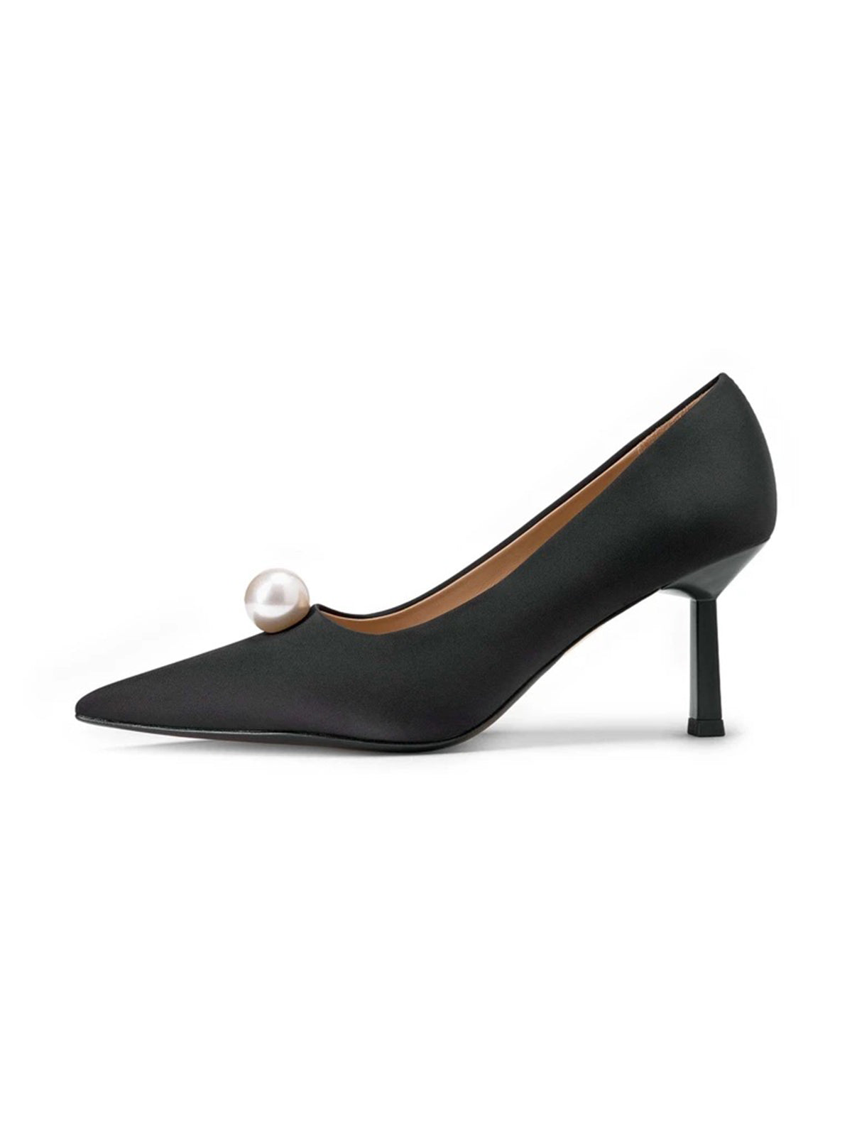 Black Satin Pointed-Toe Front Pearl Chic Kitten Heels