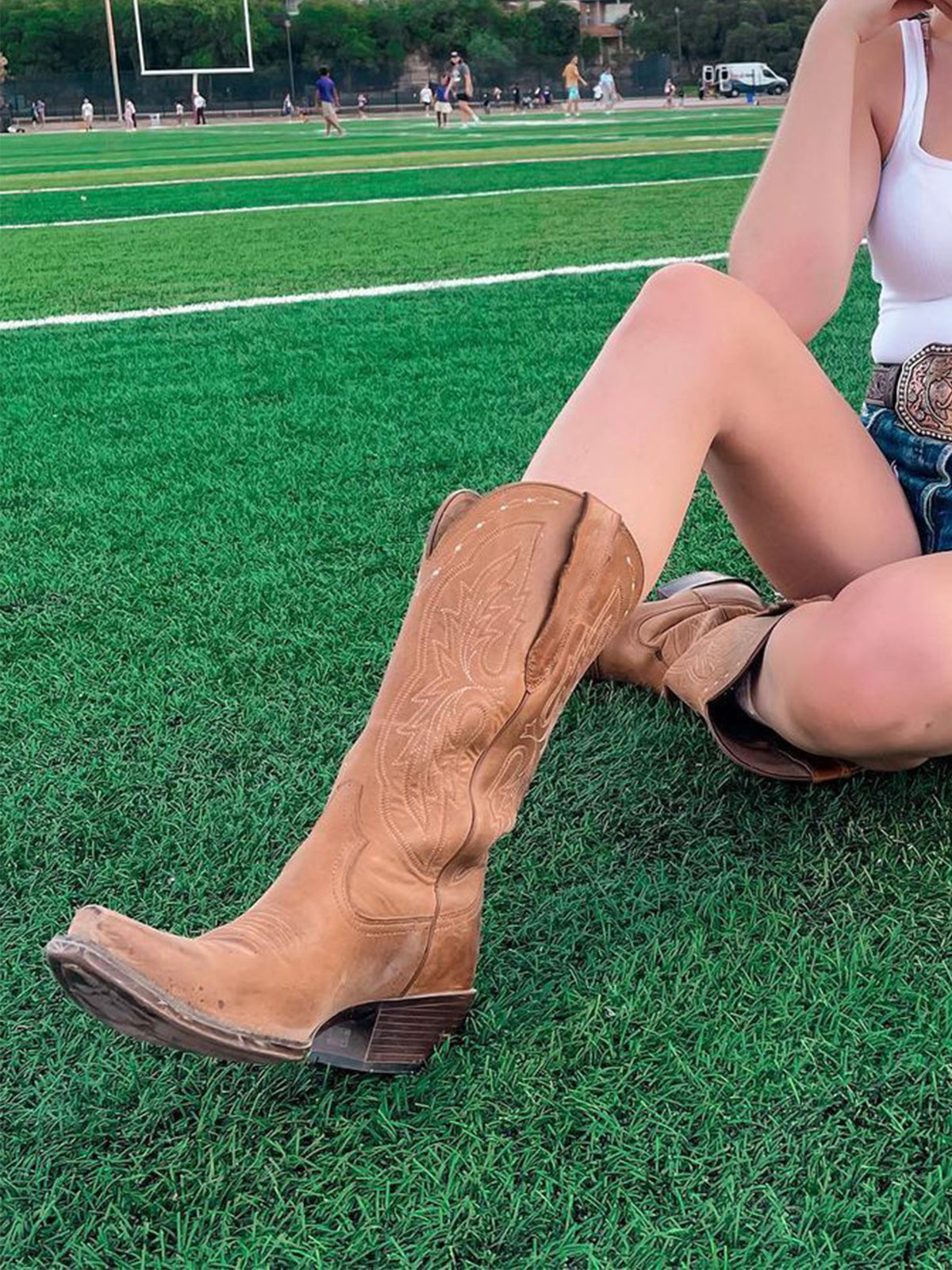 Tan Snip-Toe Embroidery Classic Wide Mid Calf Cowgirl Boots
