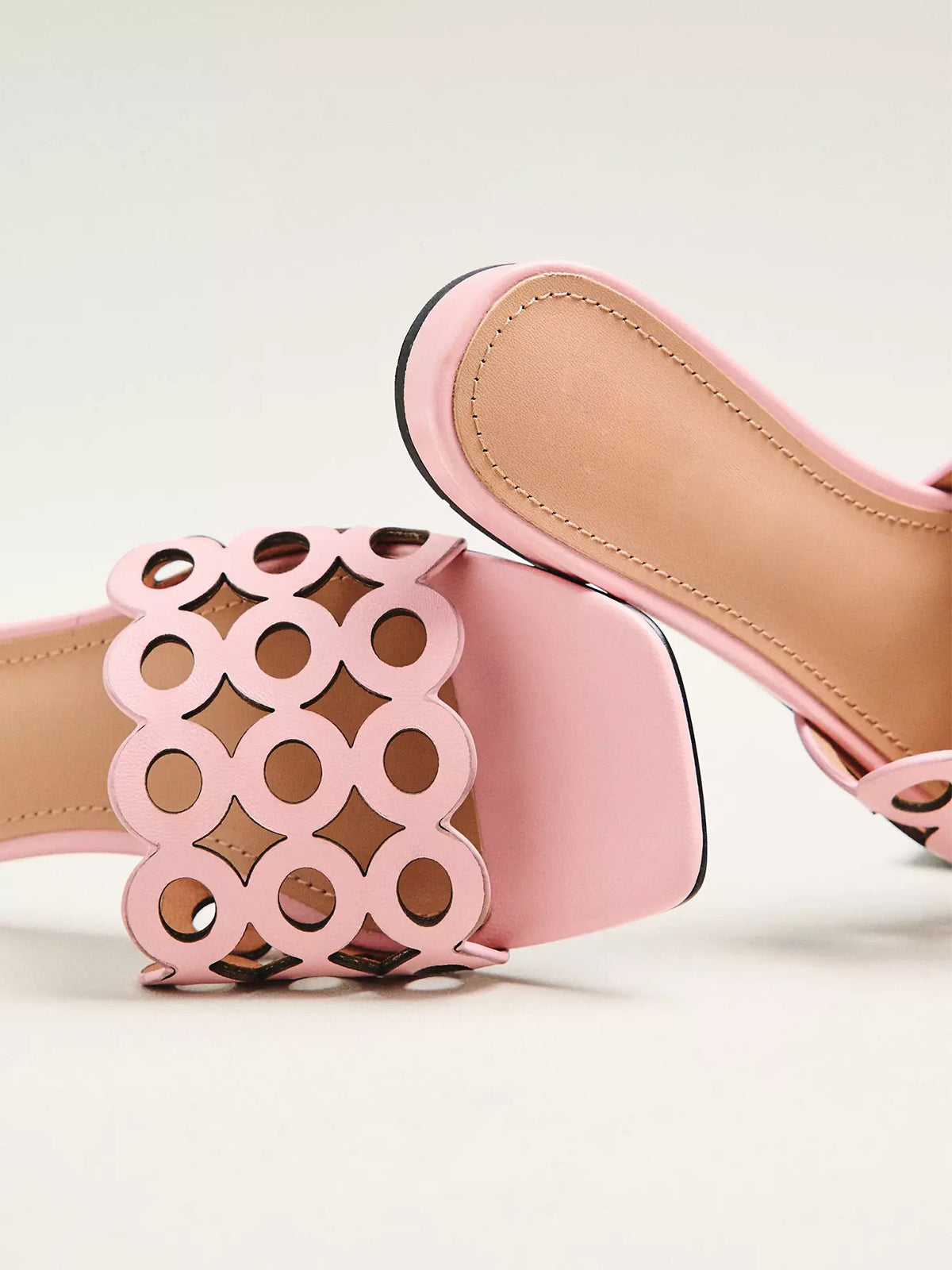 Pink Square-Toe Cutout Slide Backless Sandals Flats