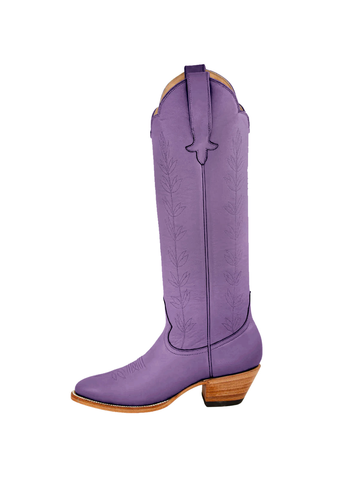 Almond-Toe Leaves Embroidery Wide Calf Knee High Cowgirl Boots - Dark Purple
