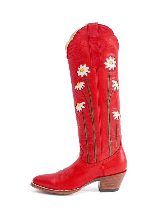 Red Almond-Toe Wide Calf Western Boots Knee High Tall Boots With Floral Inlay