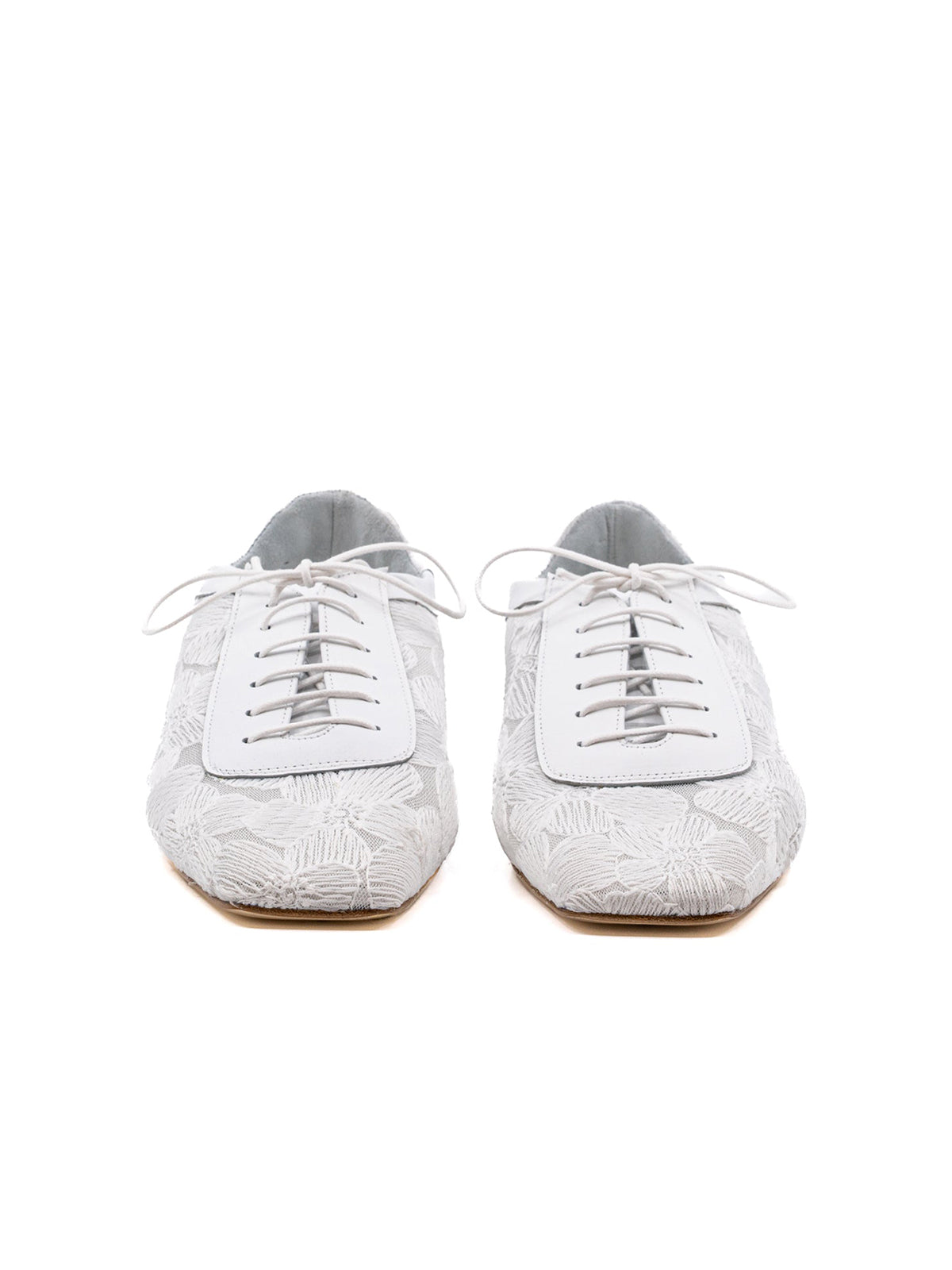White Mesh And Vegan Leather Square-Toe Lace-Up Chic Flats