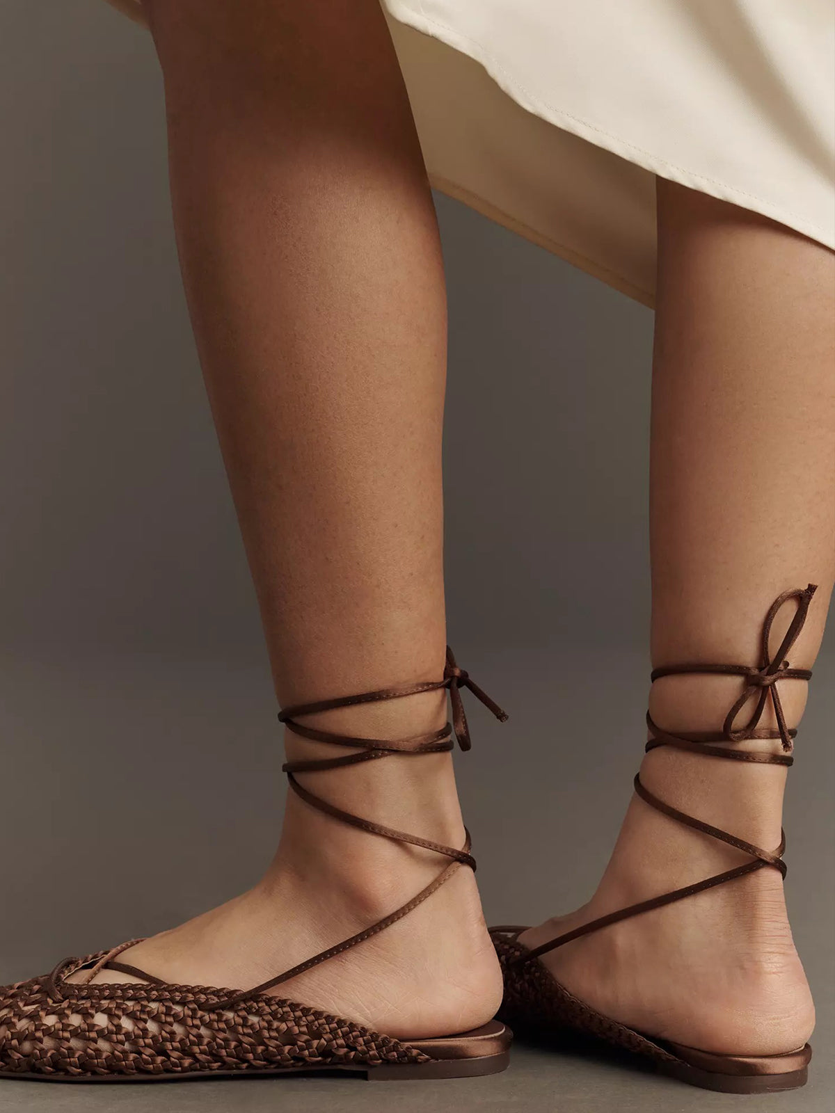 Brown Nylon Rope Woven Square-Toe Ankle-Wrap Mules Flats