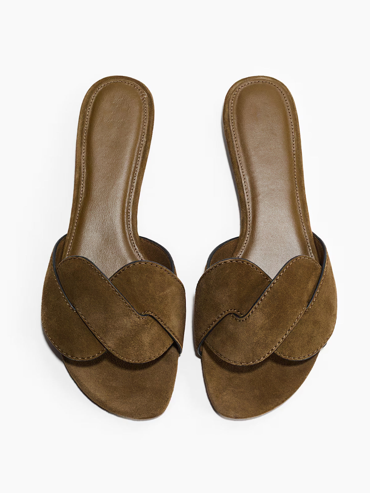 Dark Green Faux Suede Square-Toe Braided Strap Flats Sandals