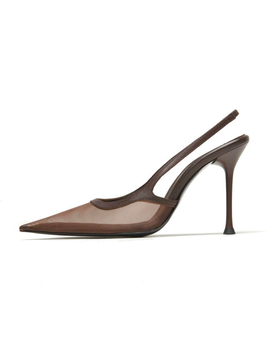 Brown Mesh Pointed-Toe Chic Back Strap Pumps High Heels