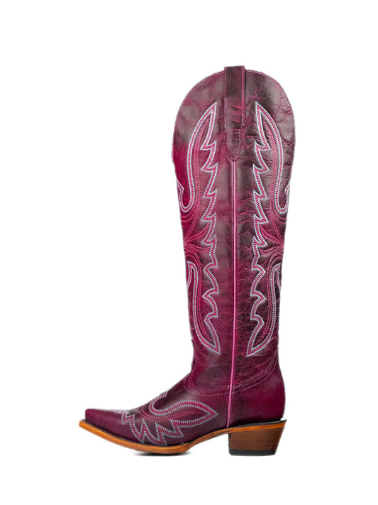 Distressed Burgundy Snip-Toe Embroidery Knee High Tall Half-Zip Cowgirl Boots
