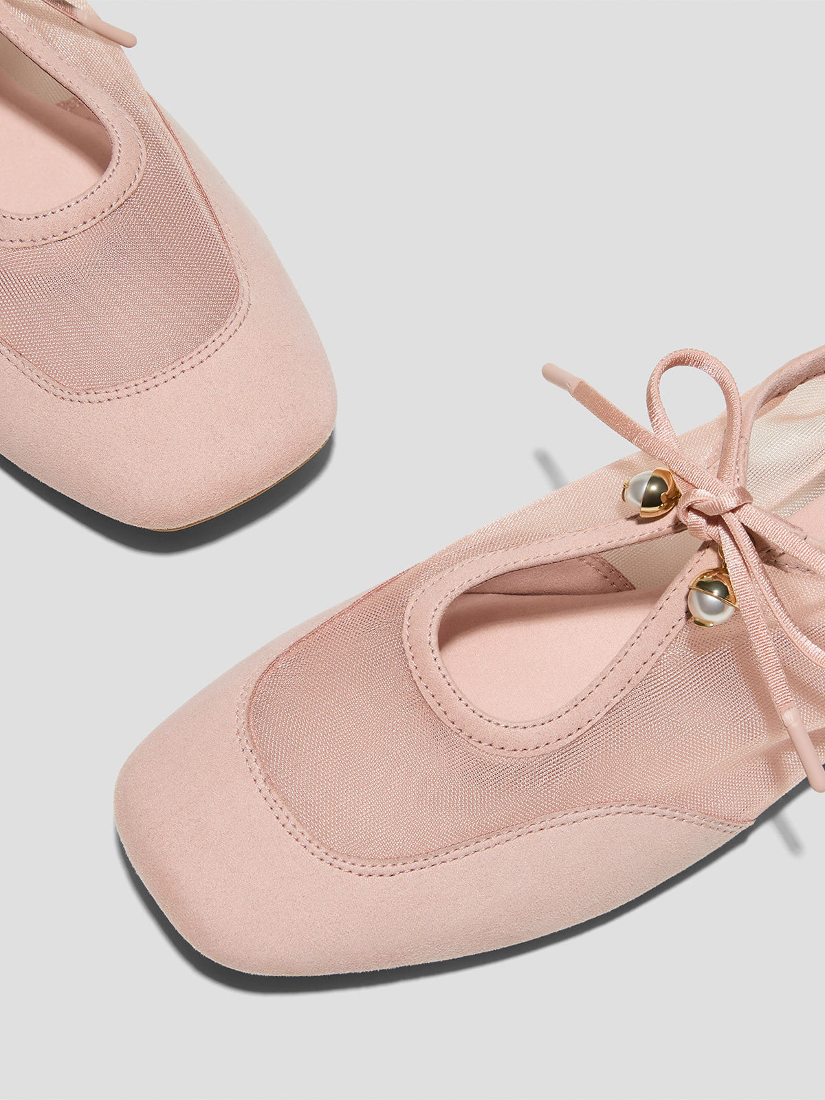 Blush Pink Mesh And Faux Suede Square-Toe Floral Embroidery Bridge Bow Strap Flats