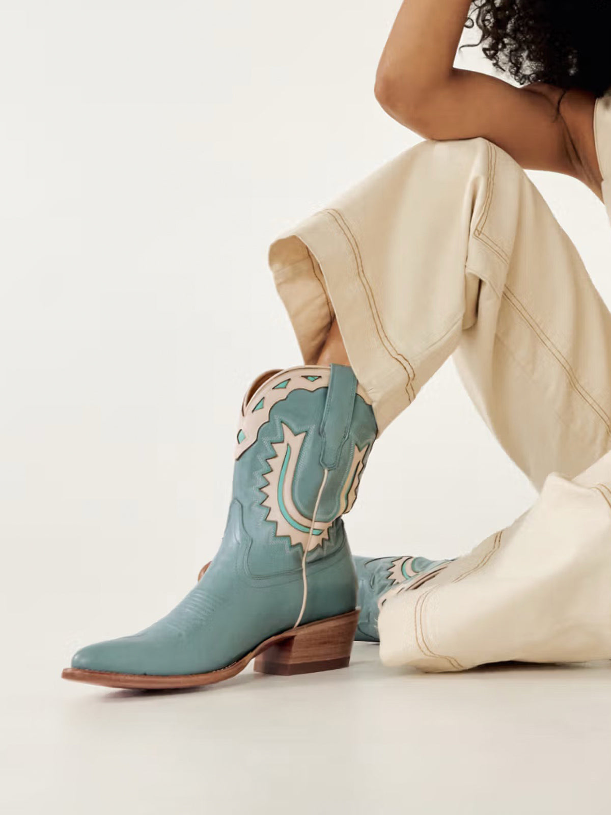 Seafoam Green Almond-Toe Bone Horseshoe Inlay Ankle Booties