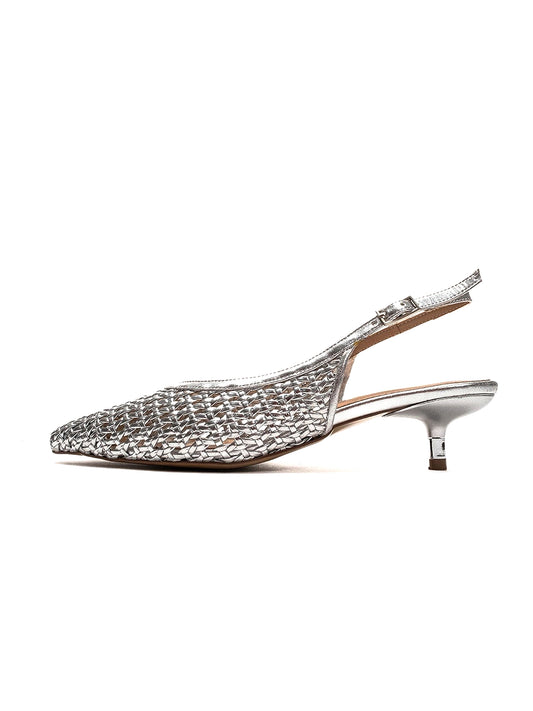Metallic Silver Woven Vegan Leather Pointed-Toe Classic Back Strap Pumps Kitten Heels