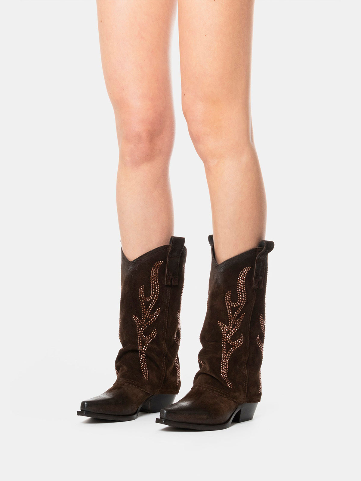 Dark Brown Faux Suede Snip-Toe Studded Fold-Over Mid Calf Cowgirl Boots