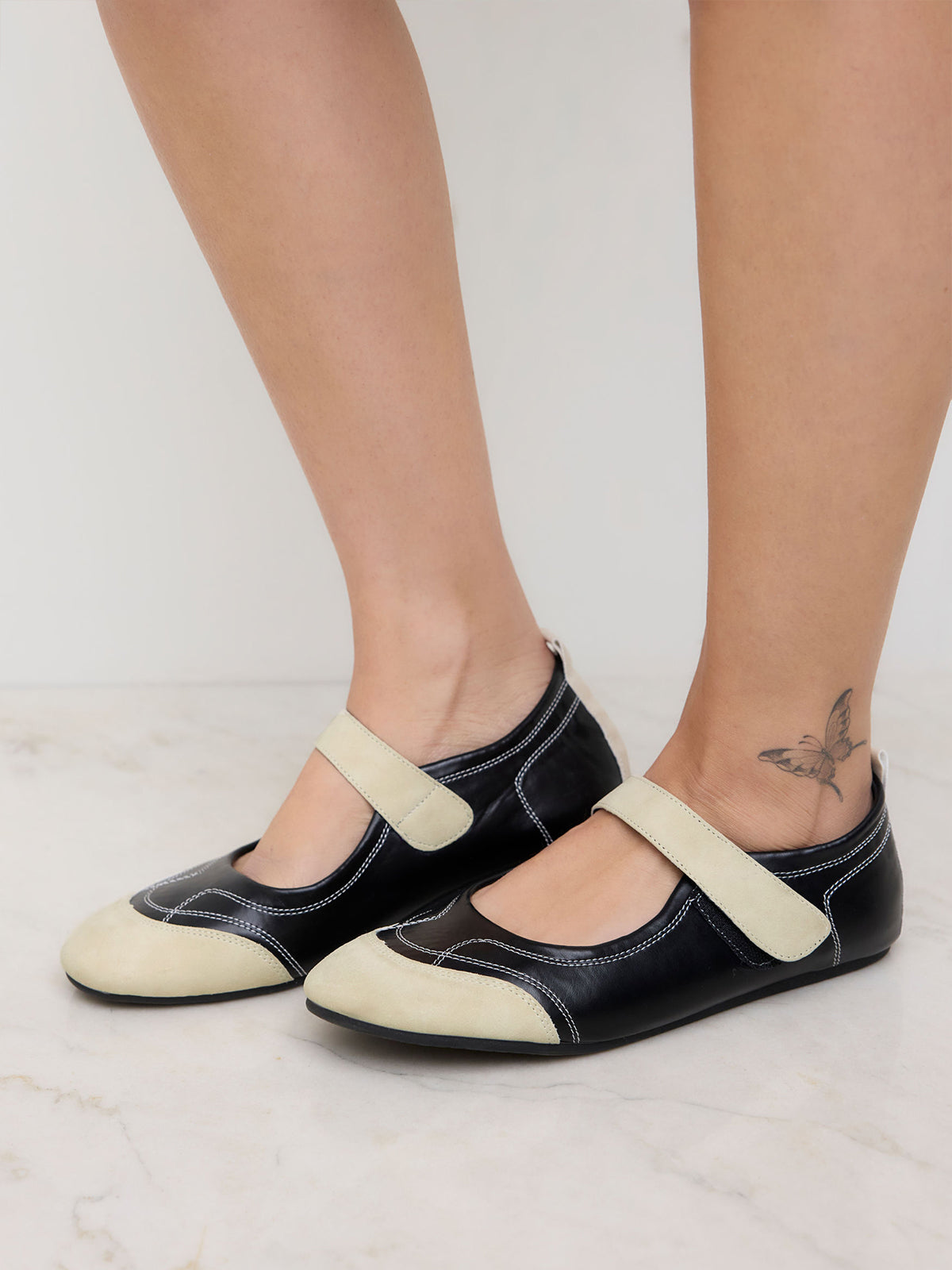 Contrast Beige And Black Round-Toe Chic Mary Jane Strap Flats