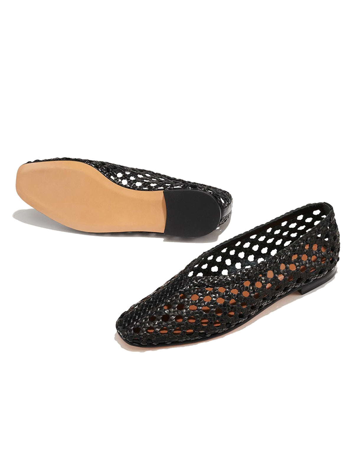 Black Woven Vegan Leather Square-Toe Chic Ballet Flats