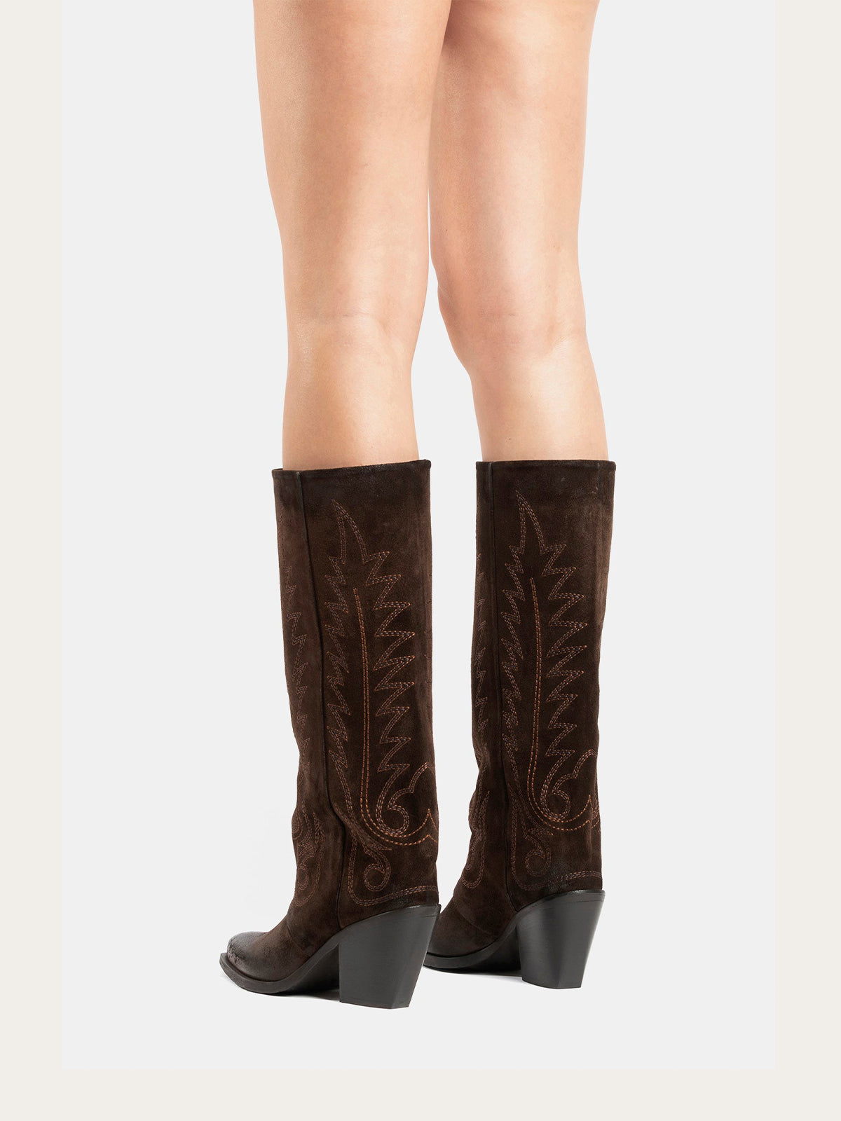 Dark Brown Snip-Toe Faux Suede Classic Embroidery Mid Calf Cowgirl Boots