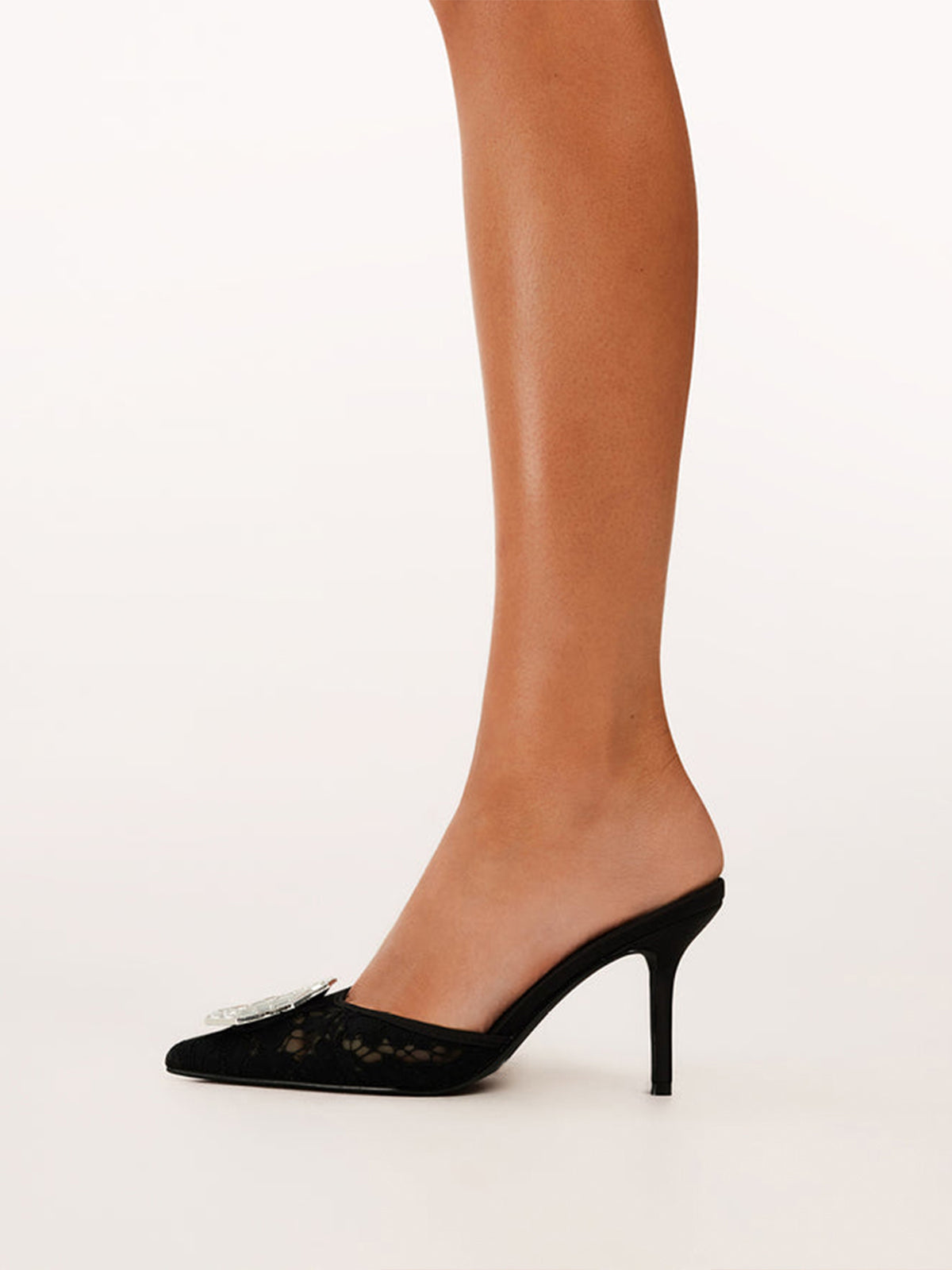 Black Lace Mesh Pointed-Toe Front Crystals High Heels