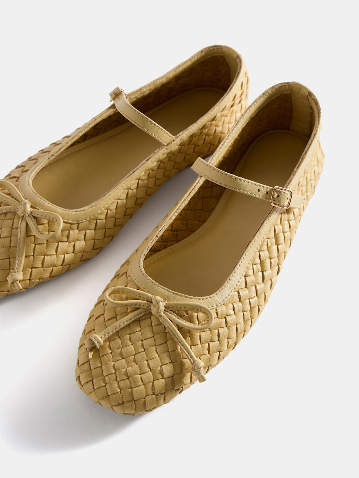 Yellow Woven Vegan Leather Square-Toe Front Bow And Mary Jane Flats