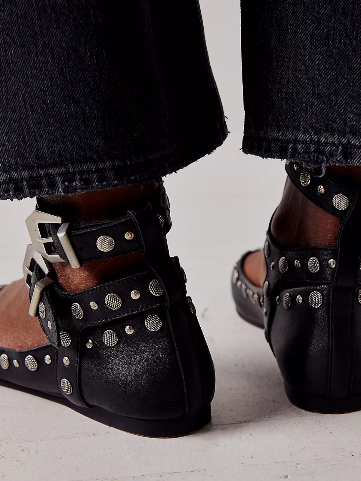 Black Square-Toe Studded Mary Janes Double-Strap Flats