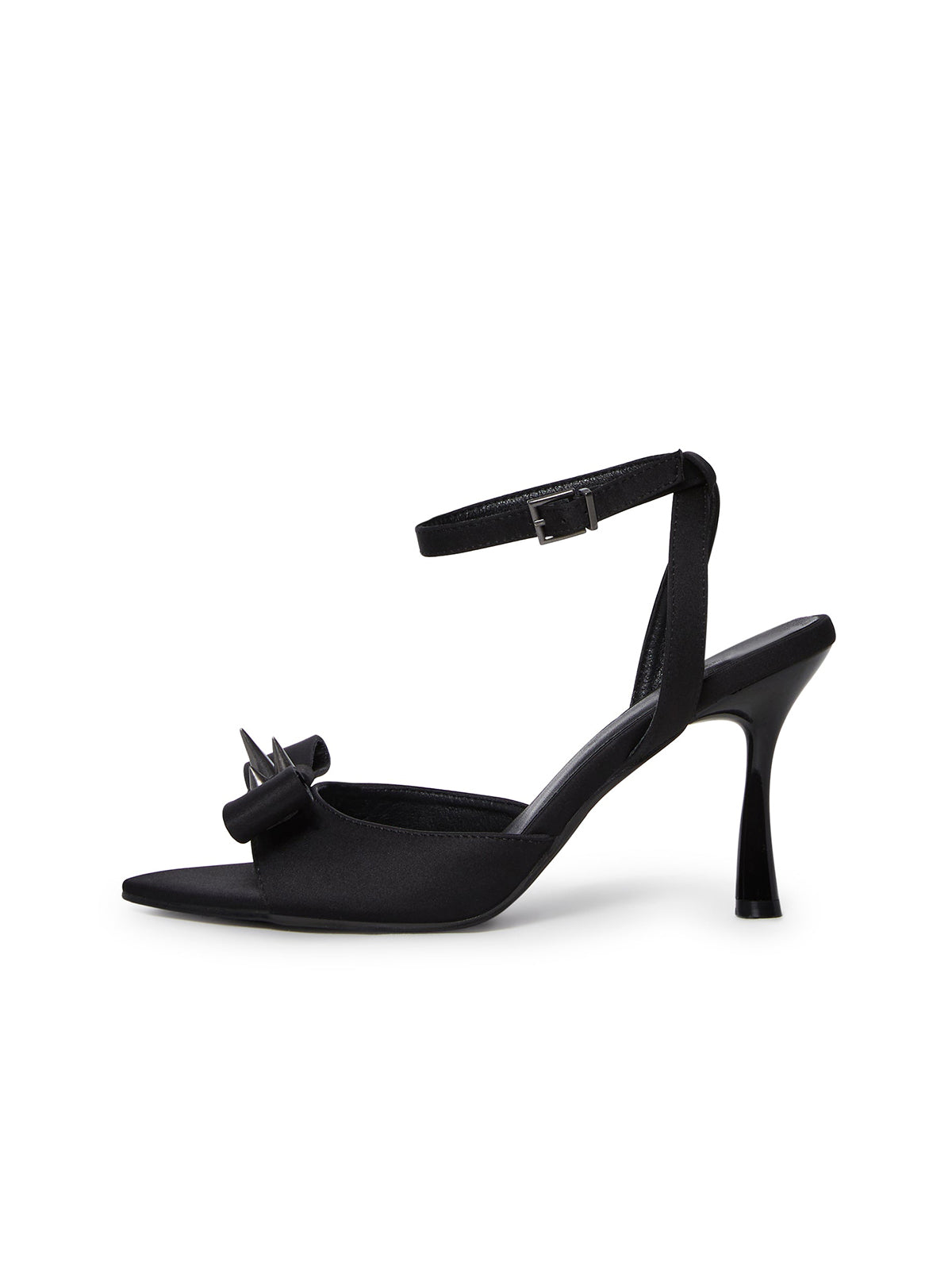 Black Satin Pointed-Toe Front Spiked Bow Ankle Strap High Heels