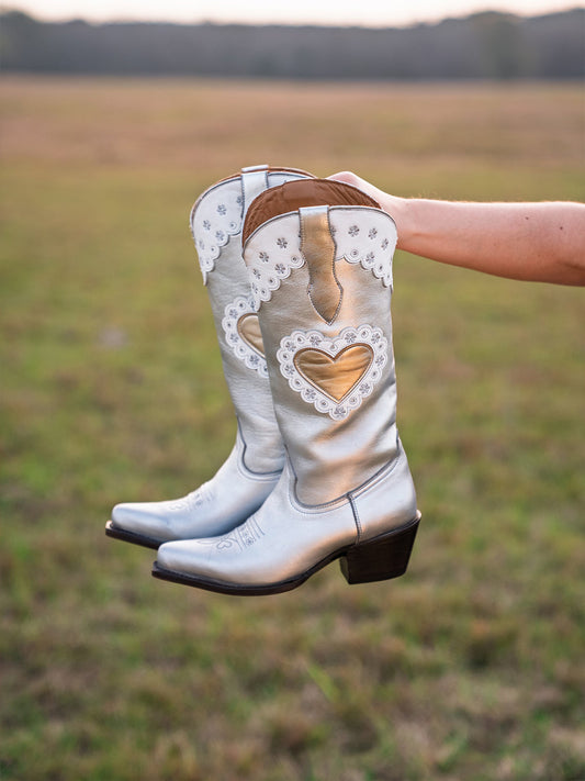 Metallic Silver Snip-Toe Heart Applique And Flowers Embroidery Mid Calf Cowgirl Boots