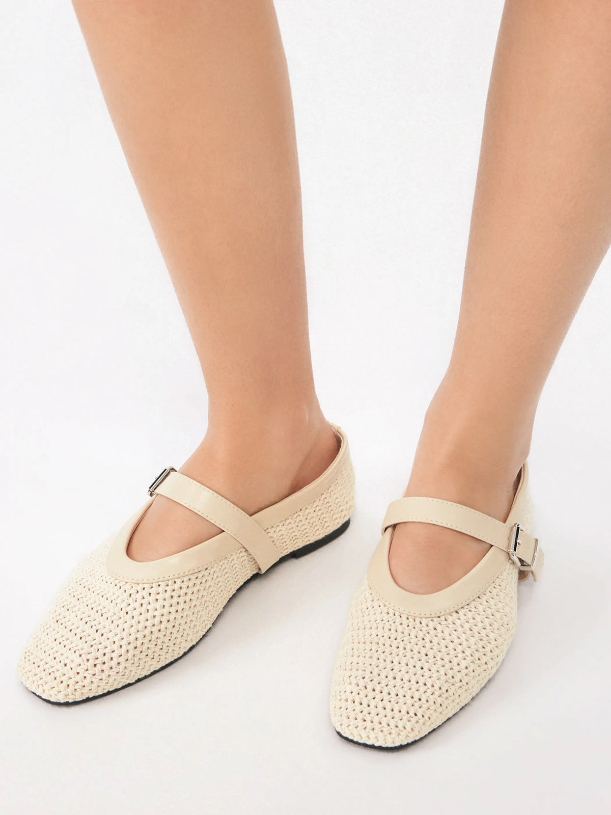 Cream Woven Square-Toe Classic Mary Jane Flats