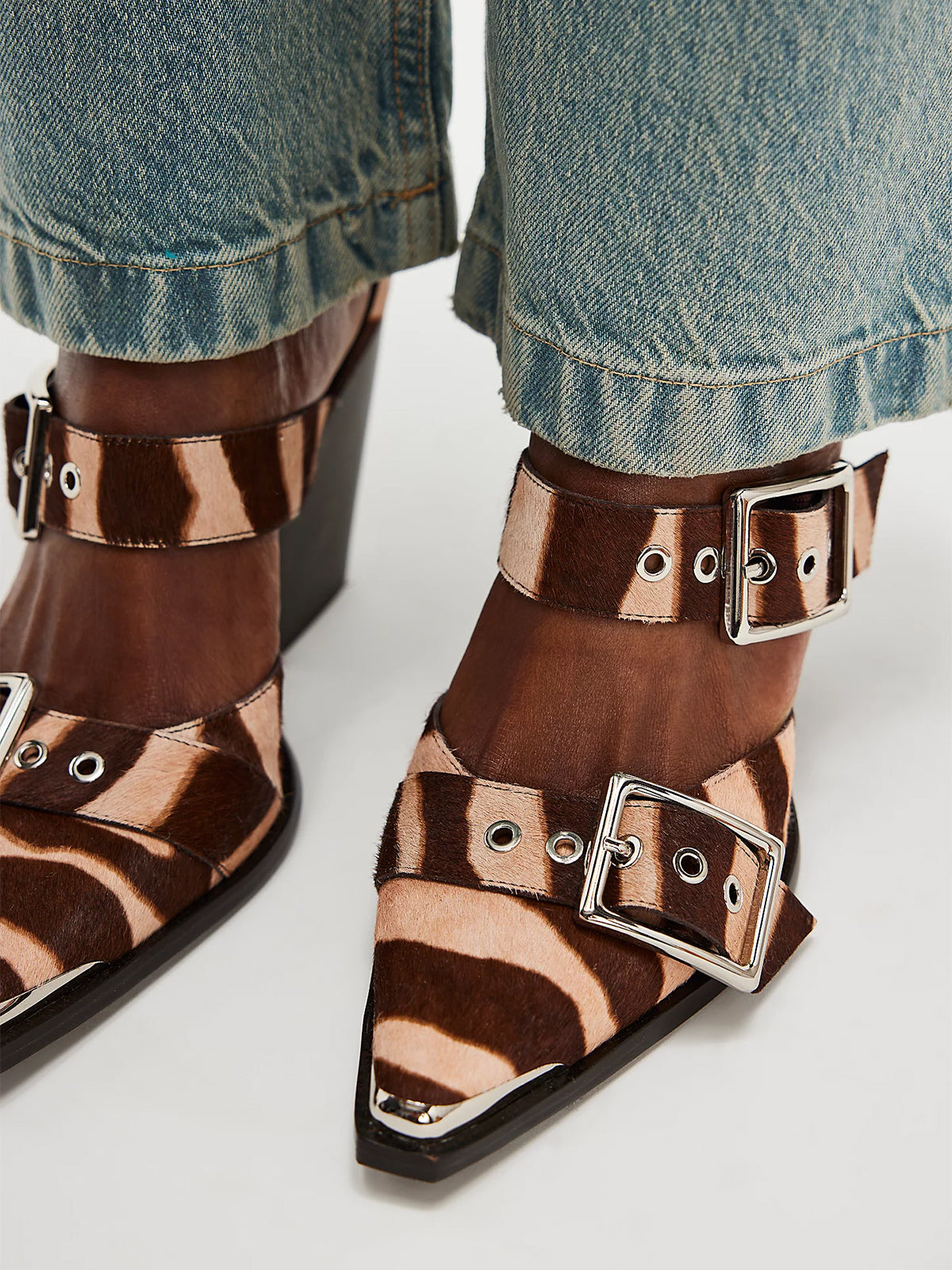 Pointed-Toe Three Buckled Straps Back Zip Chunky High Heels - Zebra