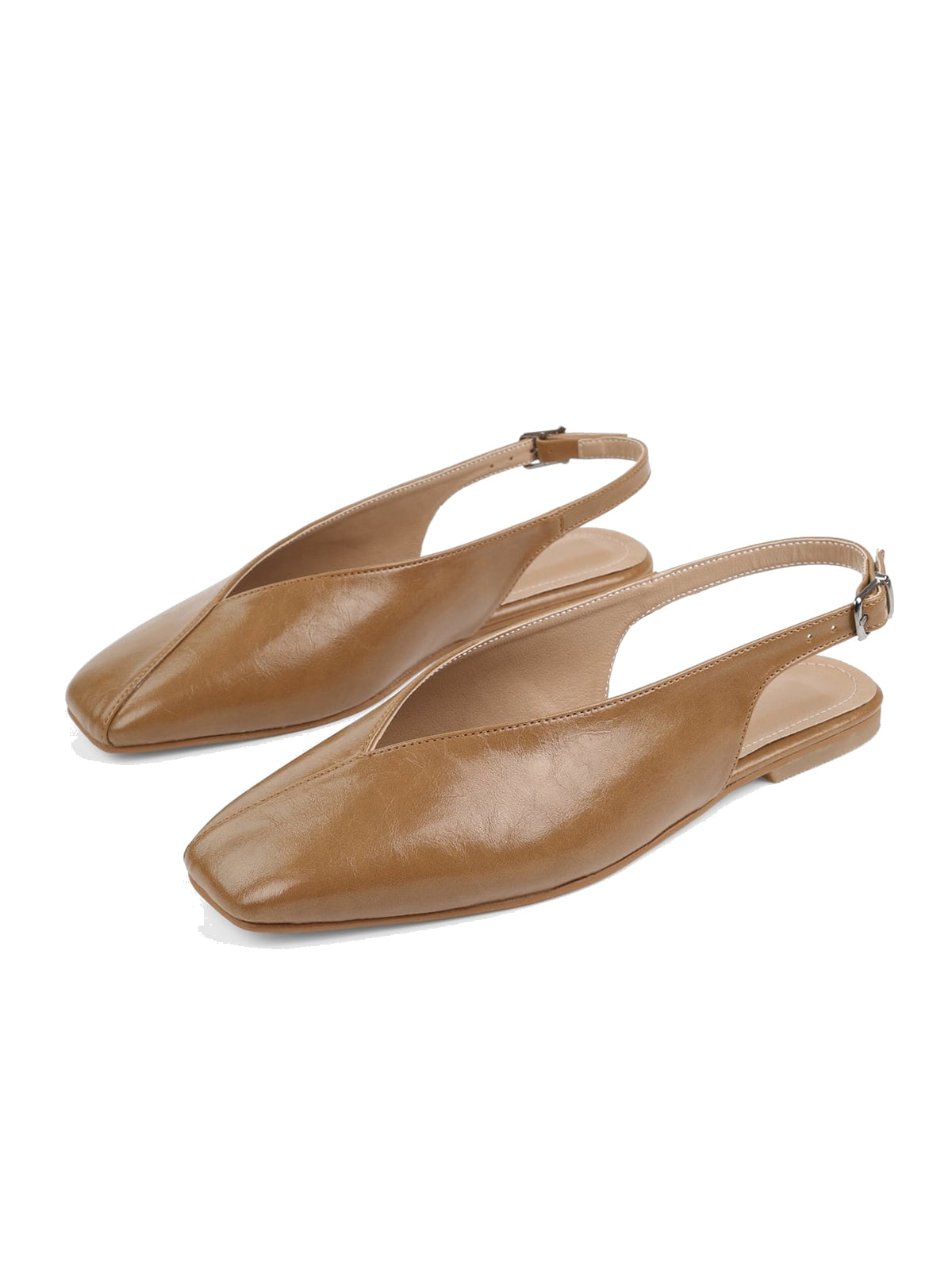 Camel Square-Toe Classic Buckle Back Strap Slip-On Flats