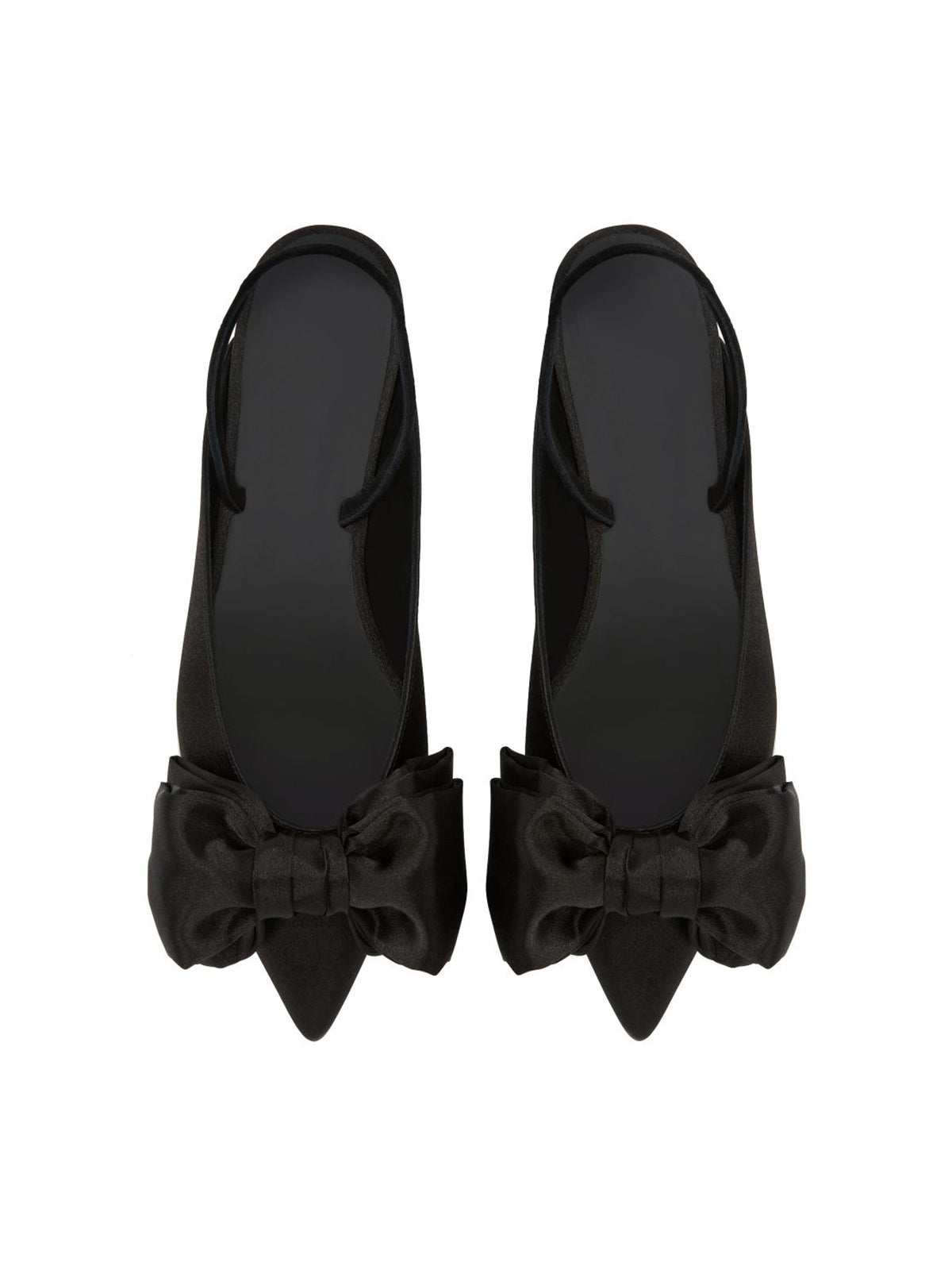 Black Satin Pointed-Toe Front Big Bow Slingback Chic Flats