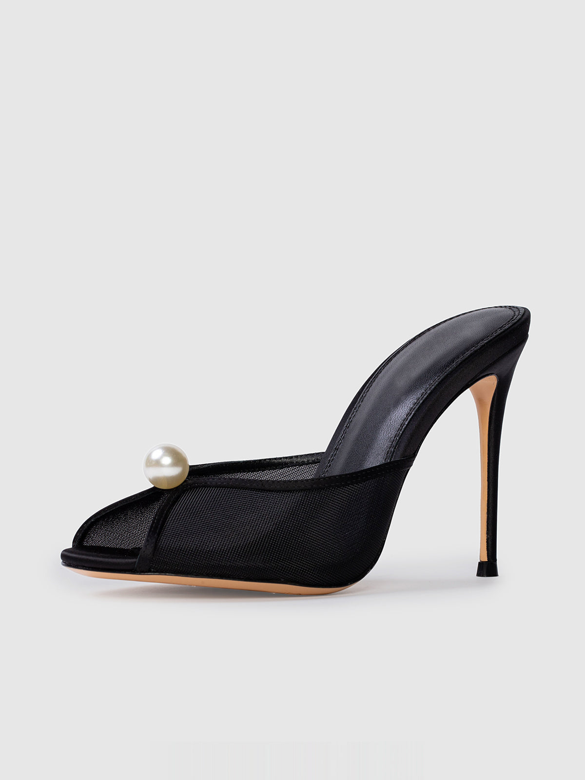 Black Mesh Round-Toe Front Pearl High Heels