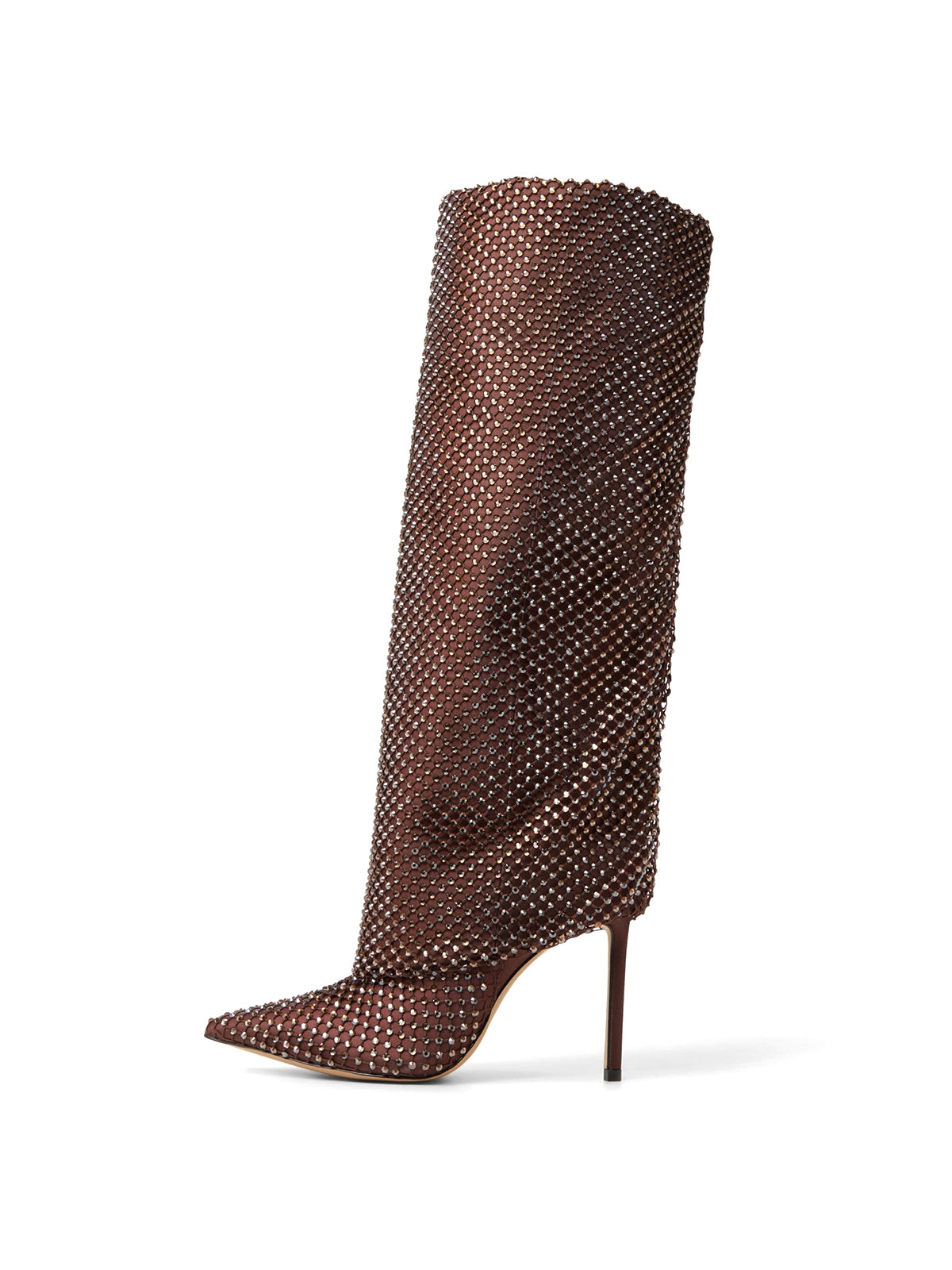 Dark Brown Mesh Satin Pointed-Toe Rhinestone Knee High Stiletto Boots