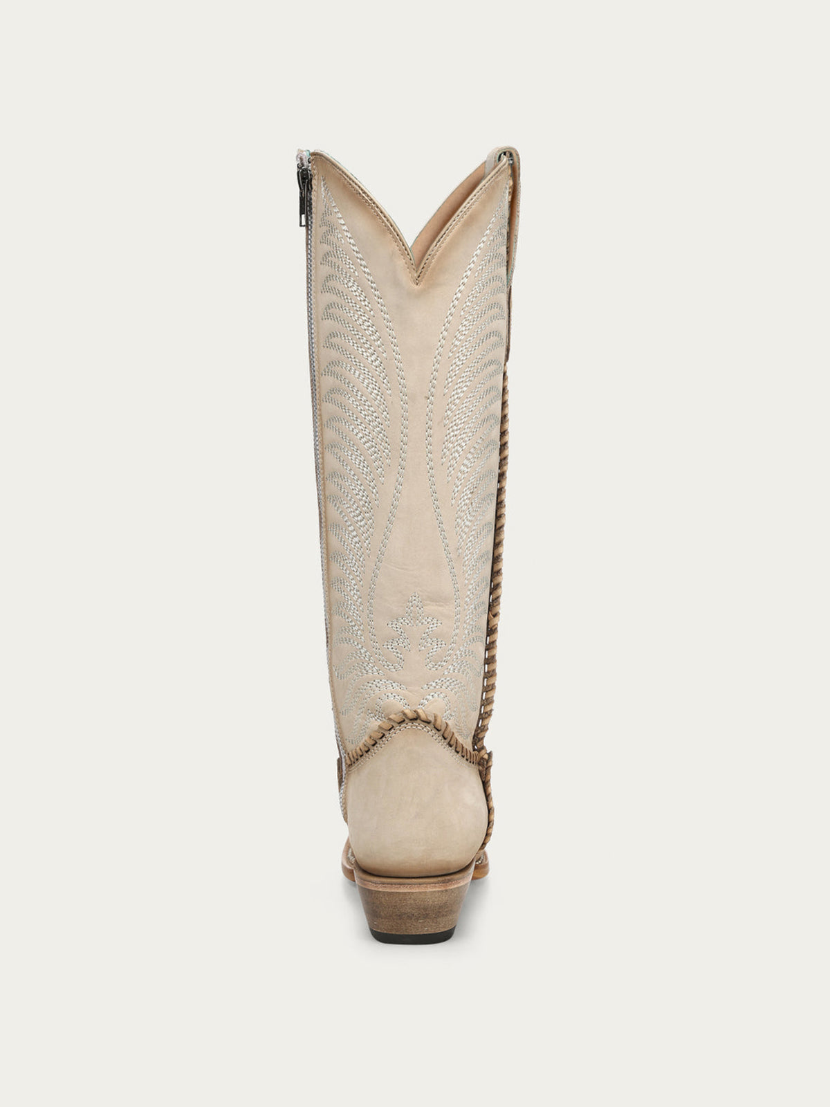 Bone Snip-Toe Embroidery Side Woven Detail Full-Zip Knee High Cowgirl Boots