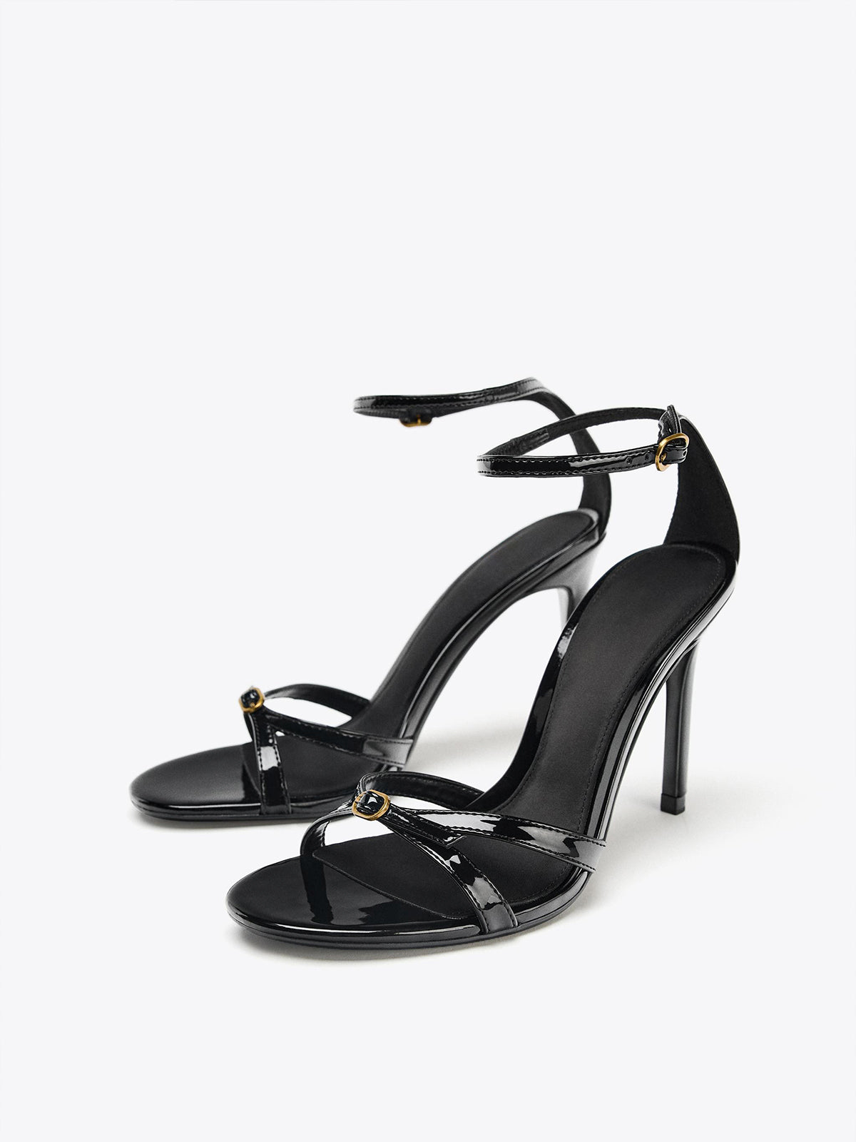 Patent Black Round-Toe Front Straps And Ankle Strap High Heels
