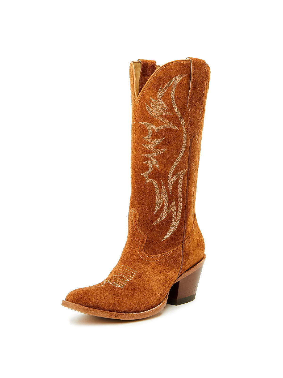 Faux Suede Wings Embroidery Pointed-Toe Mid Calf Cowgirl Boots - Cognac