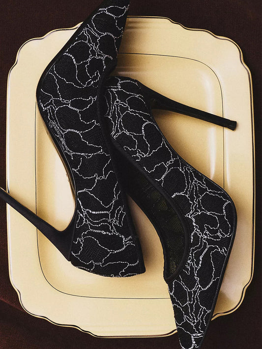 Black Lace Mesh Pointed-Toe Slip-On Stiletto Pumps High Heels