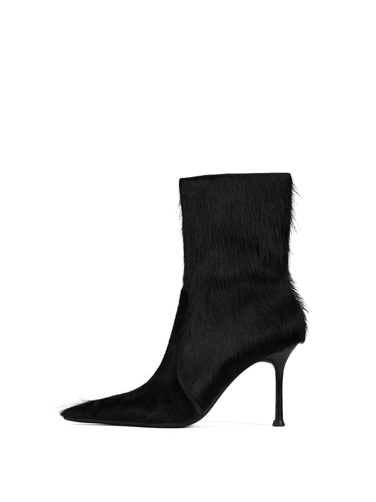 Black Pony Hair Vegan Leather Pointed-Toe Full-Zip Ankle Stiletto Boots