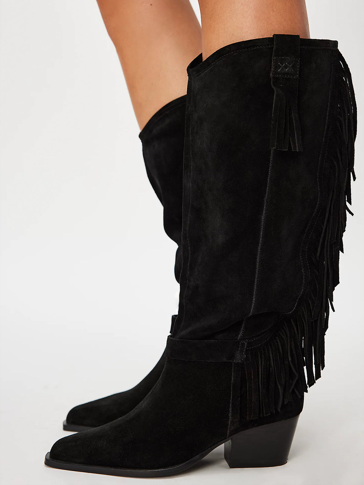 Black Faux Suede Pointed-Toe Fringe Wide Calf Knee High Cowgirl Boots