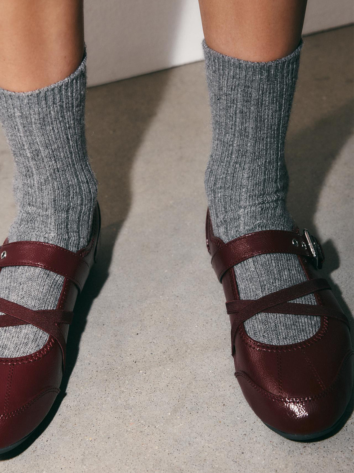 Patent Burgundy Round-Toe Crossed Straps And Buckle Mary Jane Ballet Flats